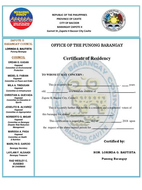 Office of The Punong Barangay Certificate of Residency .